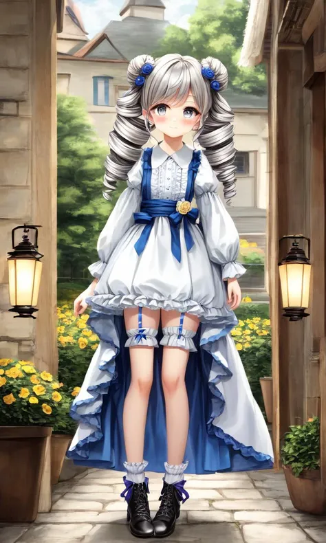 1girl , - gray eyes odd eyes , , , light gray hair, very long hair , double bun, drill hair , bangs, heart-shaped_lock, blush , , flat chest , , , skindentation, intricate , cute petitecate dress, purple ribbon silver bow, intricate frilled, long sleeves, blue intricate ballgown long dress, intricate puffy sleeves, , intricate hair ornament, vermilion flowers hair ornament , frilled bloomers, white stocking with flower pattern, garter straps, intricate Lace, intricate cross-laced footwear boots +++ flower garden , smile, (troubled eyebrows:0.6), wavy mouth, ((watercolor (medium))) watercolorpaper, Safflower garden, English Garden, fantastic, strong light, wind, light coming in, royal garden, many African daisy, British Garden, Tuberose Arch, Brick wall, gas lamps, depth, wide, high sky
