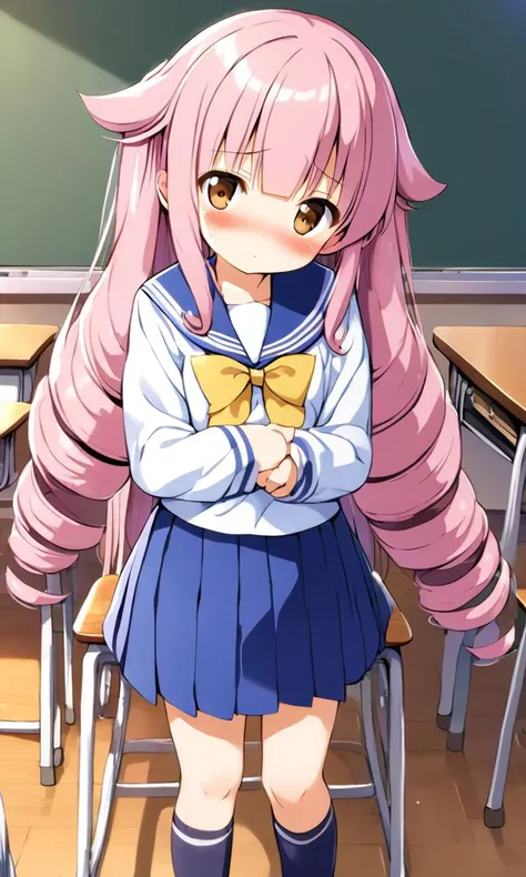 school, classroom, desk, chiar
1girl, , petit , small beasdt , brown eyes, light pink hair, very long hair , hair slicked back, drill hair , bangs, hair flaps , Blushing, embarrassed , head_tilt standing , From Front, serafuku , navy bow , socks, work boots ,