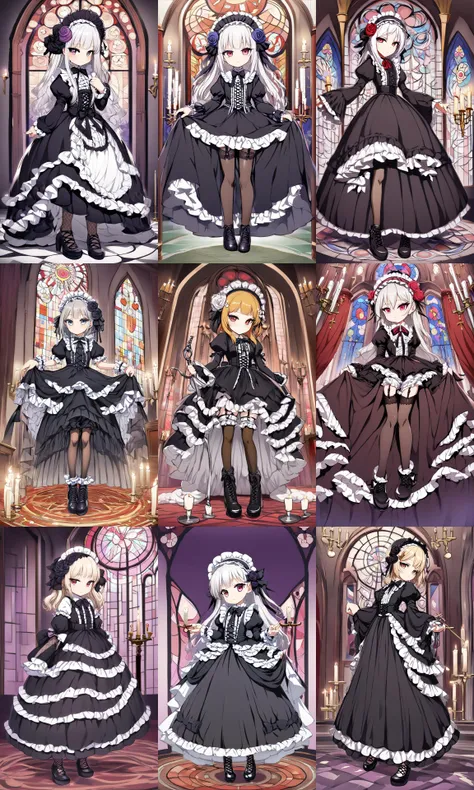 1girl, { cute petite | petite | child | childish | petite child innocent ankle-biter | young | teen } skindantation { flat chest | small beasdt | medium breast | big breast | huge tit }, lower eyelashes eyelashes, eyeliner, Gothic Frilled dress, long skirt, Headdress, bowknot, hair ornament, hair flower, black fishnet_pantyhose, garter straps, Lace, cross-laced footwear, frilled blouse, ribbon-trimmed sleeves, puffy sleeves bloomers, candlestick, stained glass, intricate gothic architecture