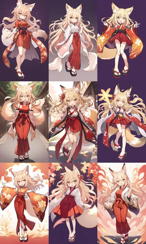 skindantation cute fox ears and tail young girl { :3 | :> | fang } happy glistening skin eyeliner medium breasts (gold eyes) shiny hair messy hair ((eyes visible through hair)) +++ (japanese vermilion mikofuku kimono hakama zouri) thigh_gap