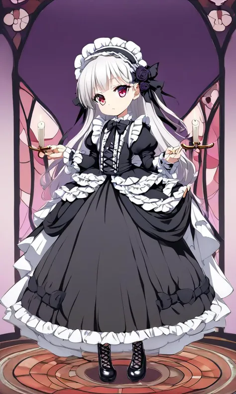 1girl, petite child innocent ankle-biter skindantation big breast , lower eyelashes eyelashes, eyeliner, Gothic Frilled dress, long skirt, Headdress, bowknot, hair ornament, hair flower, black fishnet_pantyhose, garter straps, Lace, cross-laced footwear, frilled blouse, ribbon-trimmed sleeves, puffy sleeves bloomers, candlestick, stained glass, intricate gothic architecture