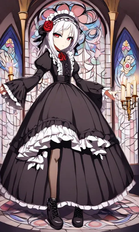 1girl, teen  skindantation flat chest , lower eyelashes eyelashes, eyeliner, Gothic Frilled dress, long skirt, Headdress, bowknot, hair ornament, hair flower, black fishnet_pantyhose, garter straps, Lace, cross-laced footwear, frilled blouse, ribbon-trimmed sleeves, puffy sleeves bloomers, candlestick, stained glass, intricate gothic architecture