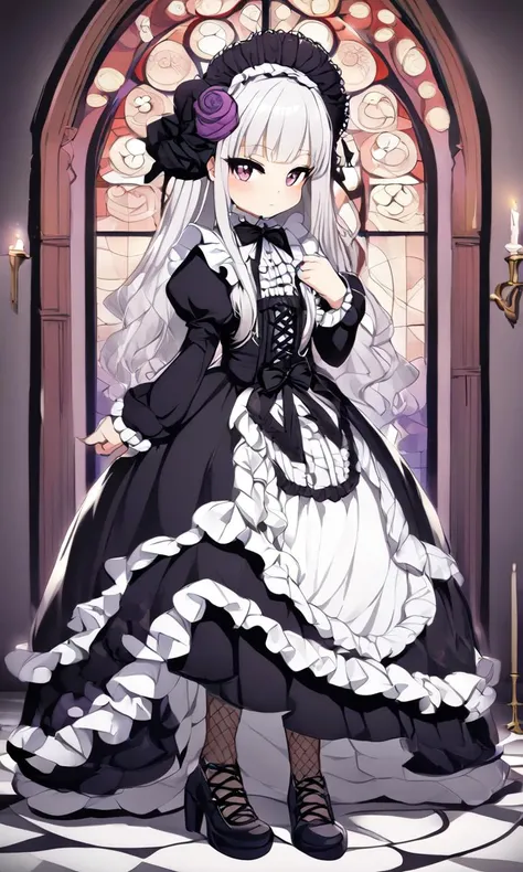 1girl, young skindantation big breast , lower eyelashes eyelashes, eyeliner, Gothic Frilled dress, long skirt, Headdress, bowknot, hair ornament, hair flower, black fishnet_pantyhose, garter straps, Lace, cross-laced footwear, frilled blouse, ribbon-trimmed sleeves, puffy sleeves bloomers, candlestick, stained glass, intricate gothic architecture