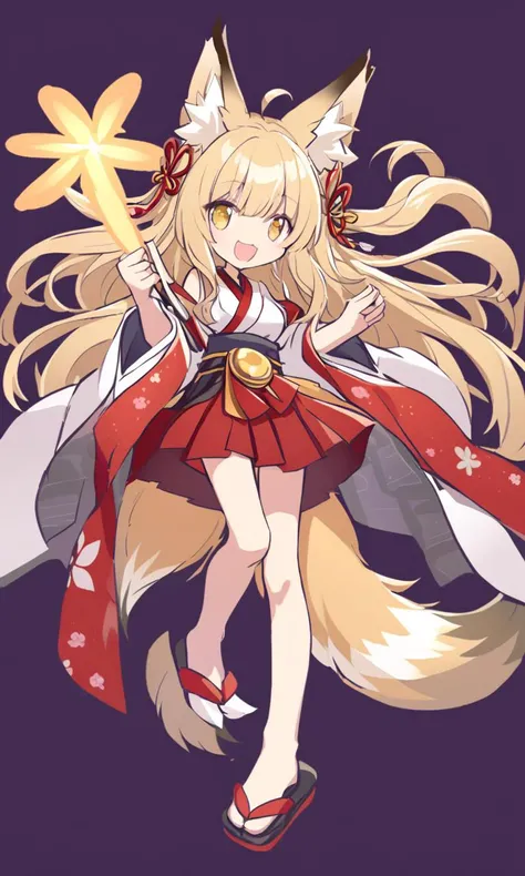 skindantation cute fox ears and tail young girl :> happy glistening skin eyeliner medium breasts (gold eyes) shiny hair messy hair ((eyes visible through hair)) +++ (japanese vermilion mikofuku kimono hakama zouri) thigh_gap