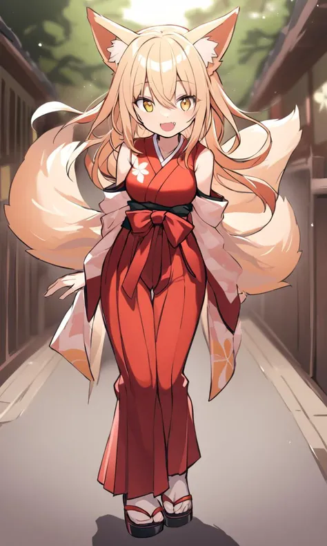 skindantation cute fox ears and tail young girl fang happy glistening skin eyeliner medium breasts (gold eyes) shiny hair messy hair ((eyes visible through hair)) +++ (japanese vermilion mikofuku kimono hakama zouri) thigh_gap
