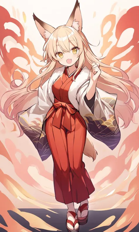 skindantation cute fox ears and tail young girl fang happy glistening skin eyeliner medium breasts (gold eyes) shiny hair messy hair ((eyes visible through hair)) +++ (japanese vermilion mikofuku kimono hakama zouri) thigh_gap