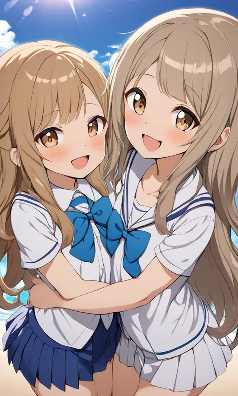 1girl, petite kawaii minor light brown eyes light brown hair highponytail  long hair shiny hair sidelock:1.3 short bang (symmetrical bangs):1.3 happy small breasts skindantation +++ white school uniform white pleated_skirt jumper dress skyblue bowtie