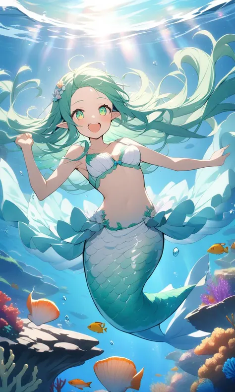 4k,High resolution,One Woman,mermaid,Green Hair,long hair,Braid,Blue Eyes,Big Breasts,The Little Mermaid,Seashell Bra,Princess Tiara,Jewelry decoration,Pearl decoration,In the water,Undersea Temple