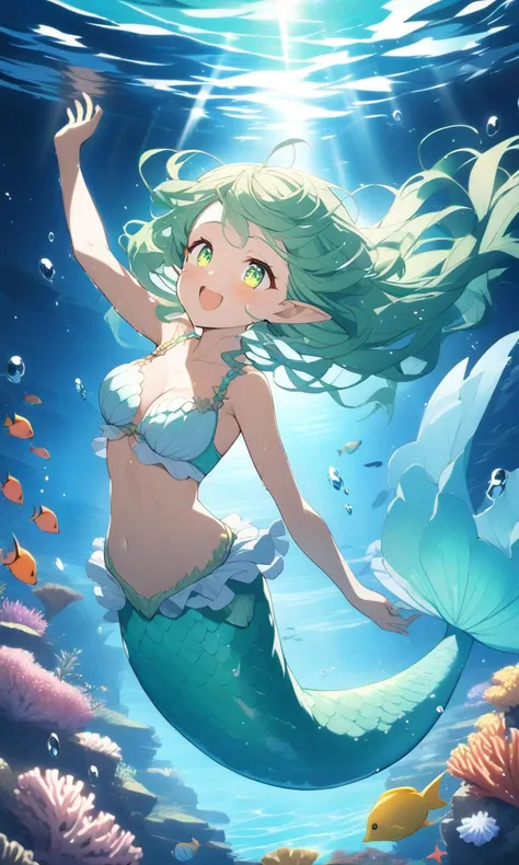 shell bra ((extremely delicate and beautiful mermaid girl)), yellow dolfin tailfin cute kawaii 1girl ((beautiful big tailfin petite_pointy ears)) glistening skin eyeliner skindantation medium breasts wet hair wet skin ((Bra made of scallop shells)) spiralcurl [partially gradient [emerald:cobalt:0.9] hair] green eyes ((eyes visible through hair)) Rejoicing, ((underwater)) (beautiful detailed water) ((wet skin)),((coral)),open tuck,dynamic angle,floating,(beautiful detailed eyes),(detailed light) floating hair,glowing eyes,(splash) ((underwater)) ((fishes)) (sunlight),(underwater forest) (detailed glow),drenched