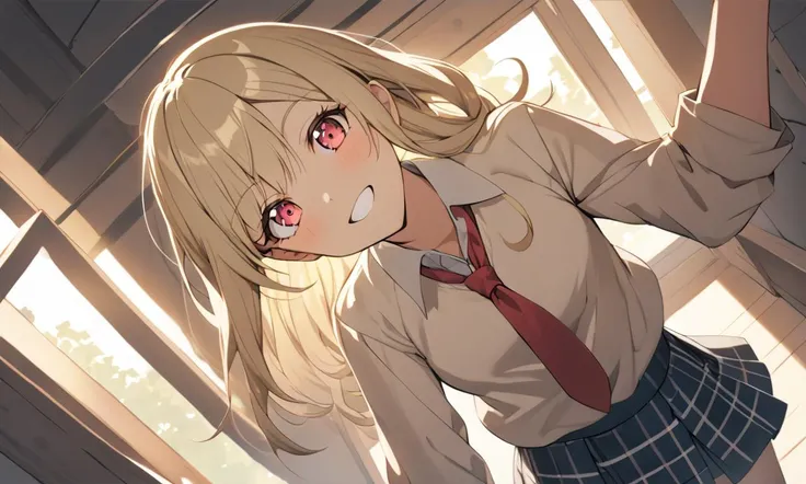 1girl, <lora:sdxl-ktgw-marin:0.4:lbw=NP>, sdxl-ktgw-marin, Kitagawa marin, pinkred eyes, long eyelashes, pink eyeliner, (lower eyelashes), black eyelashes, nails, shiny hair, (gradient hair (blond:lightpink:0.8) hair), long hair, medium breasts, slender, skindantation, choker, pierce +++ white collared_shirt, sleeves rolled up, saxe_blue loose_necktie, plaid_pleated_mini_skirt, skyblue skirt +++ grin v^^v , school room, extremely quality extremely detailed, illustration, contrapposto, cute anime face cinematic lighting cinematic angle, Low Angle, looking up, hip view, ((( trench coat ) in Sweater)), Stone Art bokeh, depth of field, warm light sunset, rays light sparkles lens flare deep shadows, depth of field peerless scenery sentimental