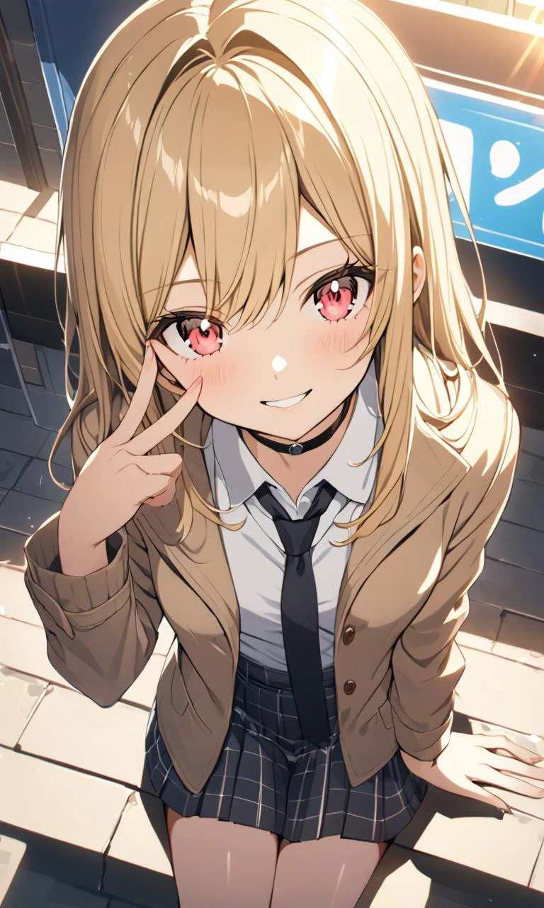 1girl, <lora:sdxl-ktgw-marin:0.5:lbw=NP>, sdxl-ktgw-marin, Kitagawa marin, pinkred eyes, long eyelashes, pink eyeliner, (lower eyelashes), black eyelashes, nails, shiny hair, (gradient hair (blond:lightpink:0.8) hair), long hair, medium breasts, slender, skindantation, choker, pierce +++ white collared_shirt, sleeves rolled up, saxe_blue loose_necktie, plaid_pleated_mini_skirt, skyblue skirt +++ grin v^^v , school room, extremely quality extremely detailed, illustration, contrapposto, cute anime face cinematic lighting cinematic angle, wide shot from above sitting, looking ahead, hip focus, ((( trench coat ) in Sweater)), Gas station bokeh, depth of field, warm light sunset, rays light sparkles lens flare deep shadows, depth of field peerless scenery sentimental
