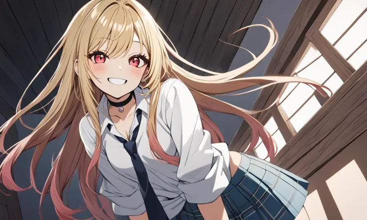 1girl, <lora:sdxl-ktgw-marin:0.4>, sdxl-ktgw-marin, Kitagawa marin, pinkred eyes, long eyelashes, pink eyeliner, (lower eyelashes), black eyelashes, nails, shiny hair, (gradient hair (blond:lightpink:0.8) hair), long hair, medium breasts, slender, skindantation, choker, pierce +++ white collared_shirt, sleeves rolled up, saxe_blue loose_necktie, plaid_pleated_mini_skirt, skyblue skirt +++ grin v^^v , school room, extremely quality extremely detailed, illustration, contrapposto, cute anime face cinematic lighting cinematic angle, fullbody, looking to the side, from below