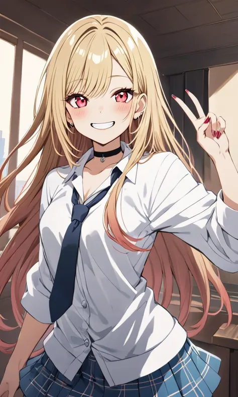 1girl, <lora:sdxl-ktgw-marin:0.4>, sdxl-ktgw-marin, Kitagawa marin, pinkred eyes, long eyelashes, pink eyeliner, (lower eyelashes), black eyelashes, nails, shiny hair, (gradient hair (blond:lightpink:0.8) hair), long hair, medium breasts, slender, skindantation, choker, pierce +++ white collared_shirt, sleeves rolled up, saxe_blue loose_necktie, plaid_pleated_mini_skirt, skyblue skirt +++ grin v^^v , school room, extremely quality extremely detailed, illustration, contrapposto, cute anime face cinematic lighting cinematic angle, Low Angle, looking to the side, from behind, ((( quilted coat ) in Sweater)), Department Store bokeh, depth of field, warm light sunset, rays light sparkles lens flare deep shadows, depth of field peerless scenery sentimental