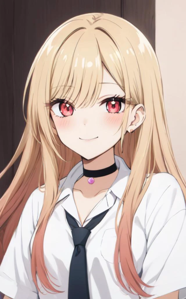 1girl, <lora:sdxl-ktgw-marin:0.6>, sdxl-ktgw-marin, Kitagawa marin, pinkred eyes, long eyelashes, pink eyeliner, (lower eyelashes), black eyelashes, nails, shiny hair, (gradient hair (blond:lightpink:0.8) hair), long hair, medium breasts, slender, skindantation, choker, pierce +++ white collared_shirt, sleeves rolled up, saxe_blue loose_necktie, plaid_pleated_mini_skirt, skyblue skirt +++ :/ blash , school room
