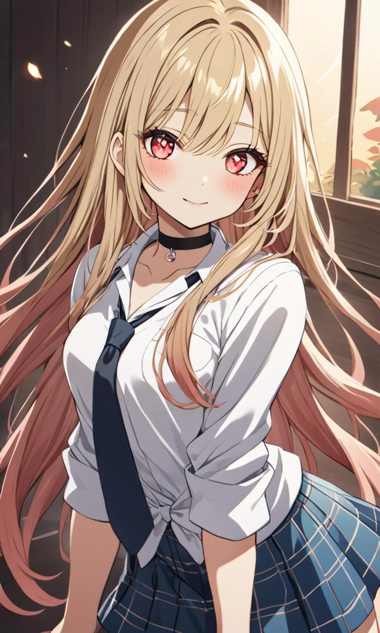 1girl, <lora:sdxl-ktgw-marin:0.4>, sdxl-ktgw-marin, Kitagawa marin, pinkred eyes, long eyelashes, pink eyeliner, (lower eyelashes), black eyelashes, nails, shiny hair, (gradient hair (blond:lightpink:0.8) hair), long hair, medium breasts, slender, skindantation, choker, pierce +++ white collared_shirt, sleeves rolled up, saxe_blue loose_necktie, plaid_pleated_mini_skirt, skyblue skirt +++ pupils sparkling , school room, extremely quality extremely detailed, illustration, contrapposto, cute anime face cinematic lighting cinematic angle, Dutch Angle/Dutch TiltAfullbody, looking to the side, on back, ((( pea coat ) in Sweater)), Circus bokeh, depth of field, warm light sunset, rays light sparkles lens flare deep shadows, depth of field peerless scenery sentimental