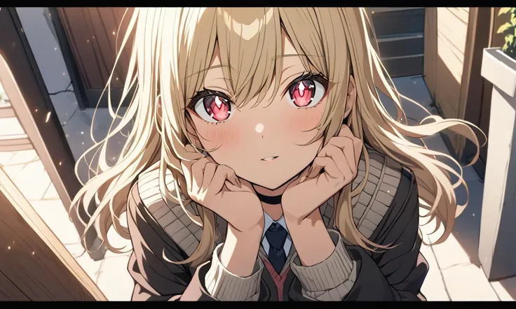 1girl, <lora:sdxl-ktgw-marin:0.4:lbw=NP>, sdxl-ktgw-marin, Kitagawa marin, pinkred eyes, long eyelashes, pink eyeliner, (lower eyelashes), black eyelashes, nails, shiny hair, (gradient hair (blond:lightpink:0.8) hair), long hair, medium breasts, slender, skindantation, choker, pierce +++ white collared_shirt, sleeves rolled up, saxe_blue loose_necktie, plaid_pleated_mini_skirt, skyblue skirt +++ YANDERE HANDS ON OWN FACE,HANDS ON OWN CHEEKS heart-shaped pupils , school room, extremely quality extremely detailed, illustration, contrapposto, cute anime face cinematic lighting cinematic angle, Low Angle, looking up, toward the buttocks, ((( quilted coat  ) in Sweater)), Street Corner Mural bokeh, depth of field, warm light sunset, rays light sparkles lens flare deep shadows, depth of field peerless scenery sentimental