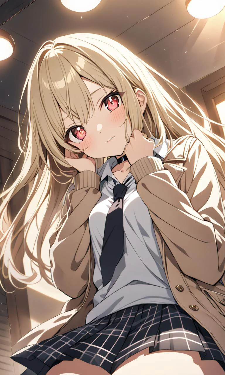 1girl, <lora:sdxl-ktgw-marin:0.5:lbw=NP>, sdxl-ktgw-marin, Kitagawa marin, pinkred eyes, long eyelashes, pink eyeliner, (lower eyelashes), black eyelashes, nails, shiny hair, (gradient hair (blond:lightpink:0.8) hair), long hair, medium breasts, slender, skindantation, choker, pierce +++ white collared_shirt, sleeves rolled up, saxe_blue loose_necktie, plaid_pleated_mini_skirt, skyblue skirt +++ YANDERE HANDS ON OWN FACE,HANDS ON OWN CHEEKS heart-shaped pupils , school room, extremely quality extremely detailed, illustration, contrapposto, cute anime face cinematic lighting cinematic angle, upper body, look up to, from below, ((( quilted coat ) in Sweater)), Condominium bokeh, depth of field, warm light sunset, rays light sparkles lens flare deep shadows, depth of field peerless scenery sentimental