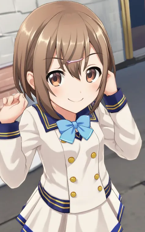 1girl <lora:sdxl-tkdl-akane:0.6> tachikawa akane +++ light brown eyes, light brown hair, pixie cut, hairclips, hair accessory, shiny hair, sidelock, hair between eyes, small breasts, skindantation, :p, smile, tokimekigakuen_jh_school_Uniform, white school uniform, white pleated_skirt, jumper dress, skyblue bowtie, extremely quality extremely detailed, illustration, cute anime face