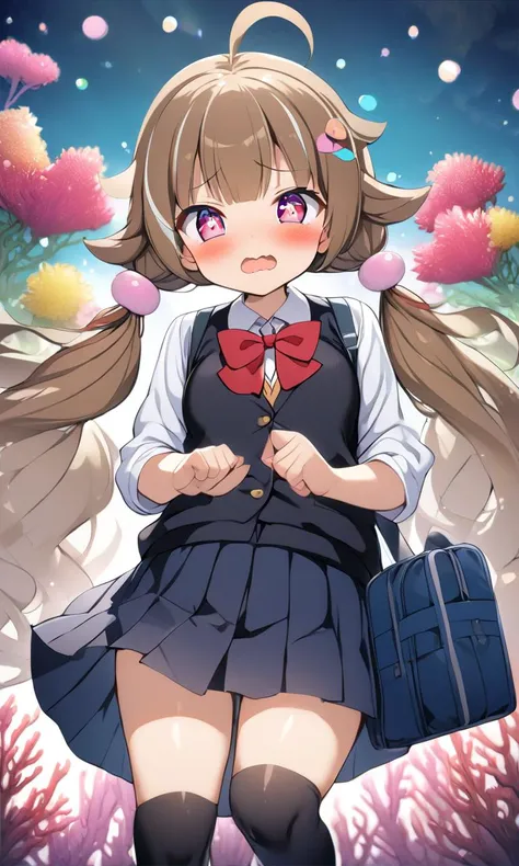 1girl, teen , big breast , coral eyes, - brown hair, very long hair , low twintails, streaked hair , bangs, hair flaps , open_mouth,wavy mouth, blush , , hip focus, school uniform , black vest , high socks, school bag, extremely quality extremely detailed, illustration, contrapposto, cute anime face cinematic lighting cinematic angle