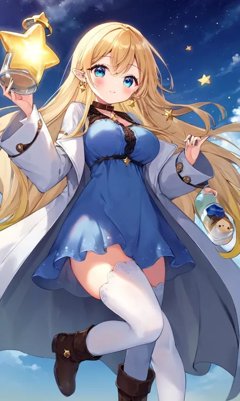 cute elf Young woman [lightgreen] eyeliner piercing small breasts skindantation shiny hair gradation [gradient partially [blond:silver:0.9] hair] super long hair blue eyes ((eyes visible through hair)) clenched teeth +++ deep sky blue dress, blouse white super long coat, thighhighs, darkbrown lace-up long boots, charcoal collar thigh_gap, star-holding jar