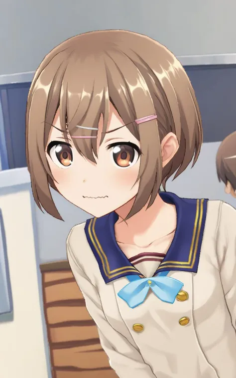 1girl <lora:sdxl-tkdl-akane:0.6> tachikawa akane +++ light brown eyes, light brown hair, pixie cut, hairclips, hair accessory, shiny hair, sidelock, hair between eyes, small breasts, skindantation, wavy mouth, tokimekigakuen_jh_school_Uniform, white school uniform, white pleated_skirt, jumper dress, skyblue bowtie, extremely quality extremely detailed, illustration, cute anime face
