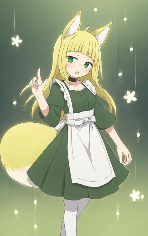 1girl <lora:sdxl-dm-haruhime:0.6> haruhime, blond hair fox_ears, fox tail long hair blunt_bangs shiny hair, green_eyes sleepy eyes, eyeliner blush medium breasts skindantation choker open mouth , indigo maid, white apron , Flower Rain Forest, Color Temperature, score_9, score_8, score_7_up