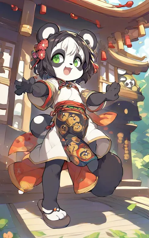 panda ears, panda tail, furry, beastman , Tibetan Temple, 1girl, child . medium breast , skindantation, starry print flower pattern long_chinese_cloth , score_9, score_8, score_7_up, reaching out, looking away, full body, Key Light