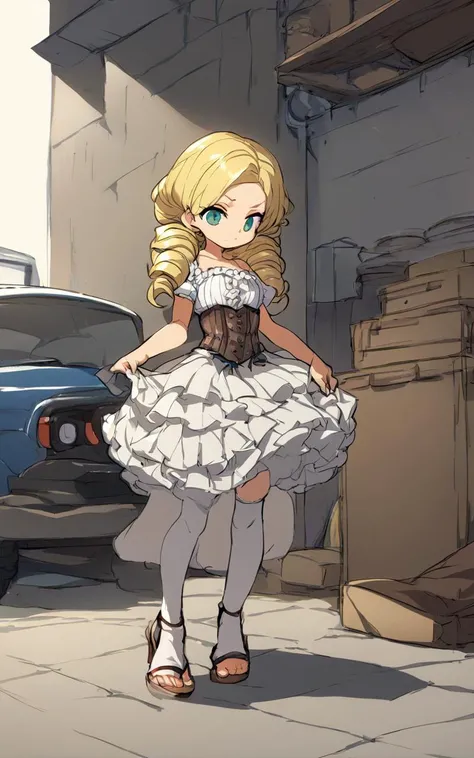 1girl An aristocratic daughter with blonde hair and vertical rolls, hair spread out, drill hair, low twintail
Giggling, hazel frilled intricate long_skirt pannier bustier corset crinoline stockings high_heels_sandals double-breasted,underbust, Garage, score_9, score_8, score_7_up