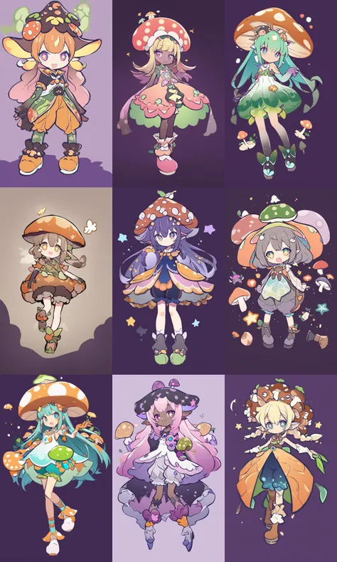 kawaii petit child childish innocent ankle-biter 1girl, star-shaped pupils small_star symbol in the pupils and iris, ((skindantation)) ((flat chest)) +++, ((mushroom girl)) (fusion:1.4) mushroom from of girl, fusion of mushroom and girl, monster girl of mushroom on head, hair made of mushroom, __colors__ powdery skin, Mushrooms are sprouting here and there on the body, __strength__ __colors__ mushroom design tubetop, __colors__ bloomers