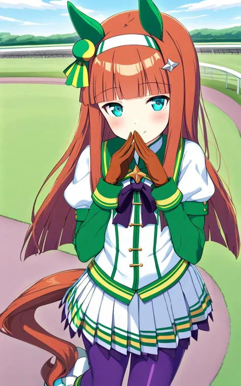 1girl, SilenceSuzuka, <lora:sdxl-um-suzuka:0.6> horse girl, green horse ears, green ear covers, horse tail, turquoise eyes, flat chest, slender, hime-cut, orange long hear, blunt bangs, shiny hair, white hearband, hair ornament, drakpurple gloves, darkpurple pantyhose +++ puffy sleeves, green long_sleeve_shirt, drakpurple bowtie, pleated skirt, white skirt, asymmetrical footwear, mismatched footwear, white footwear, turf, race track , Smiling, cover mouth with hands