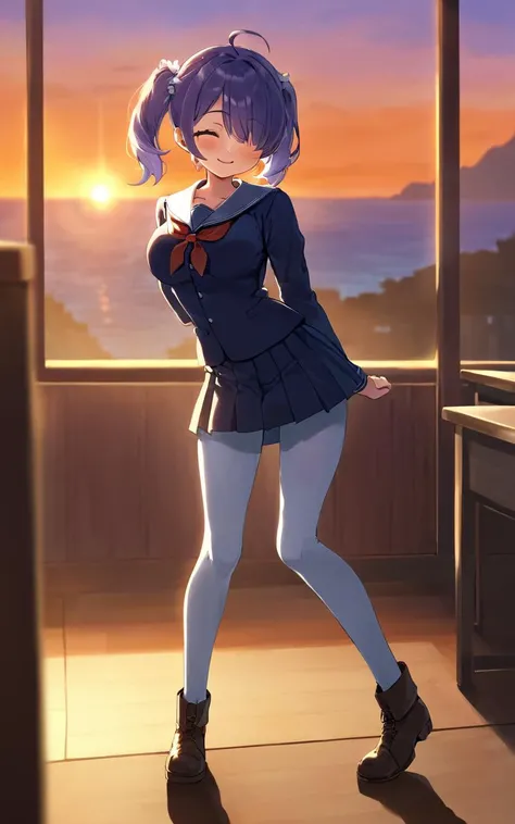school,, 1girl, under-rim eyewear , young , medium breast , coral eyes, vivid indigo hair, short hair , twin ponytails, wavy hair , one eye visible through hair, sideburns , gasping, , head_tilt standing , foot focus (focus sole of foot), school uniform , white  vest , pantyhose, work boots , , warm light sunset, rays light sparkles lens flare deep shadows, depth of field peerless scenery sentimental, From Front, looking afar, Low Angle