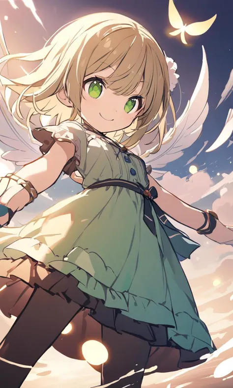 blue sky, cloud, cute ((small)) little child small scale micro_body_size small_scale petite ((Height:20cm)) fairy girl ((fairy_4wings)) (((girl is flying in the sky))) 10years old, eyeliner small breasts skindantation shiny hair shiny skin ([partially gradient multicolored [[blond::0.9]:rainbow] medium hair  ]) green eyes ((eyes visible through hair)) wavy mouth smile floating fly +++ - hazel dress blouse, extremely quality extremely detailed, illustration, contrapposto, cute anime face cinematic lighting cinematic angle