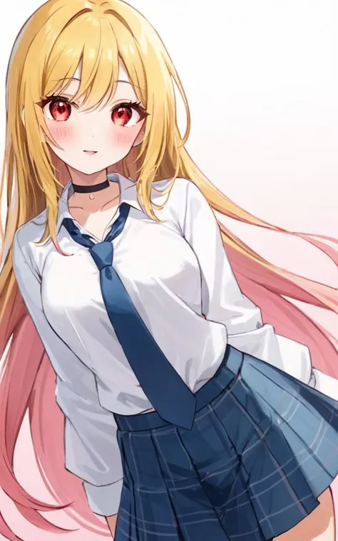 1girl, <lora:sdxl-ktgw-marin:0.4>, sdxl-ktgw-marin, Kitagawa marin, pinkred eyes, long eyelashes, pink eyeliner, (lower eyelashes), black eyelashes, nails, shiny hair, (gradient hair (blond:lightpink:0.8) hair), long hair, medium breasts, slender, skindantation, choker, pierce +++ white collared_shirt, sleeves rolled up, saxe_blue loose_necktie, plaid_pleated_mini_skirt, skyblue skirt +++ :/ blash