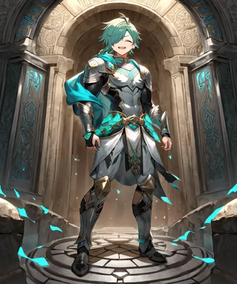 1boy man male, abs muscular,
fantasy ( Glossy Metallic Engraving Pattern long shirt silver armor intricate dress armor intricate Plunging armor intricate breastplate gladiator) muscular stole clork tabard Ancient Tomb,
turquoise eyes odd eyes ,
vivid hazel hair,
medium hair ,
hair over one eye,
streaked hair ,
one eye visible through hair,
Uncomfortable, tears,
+++, fullbody, looking at another, from behind