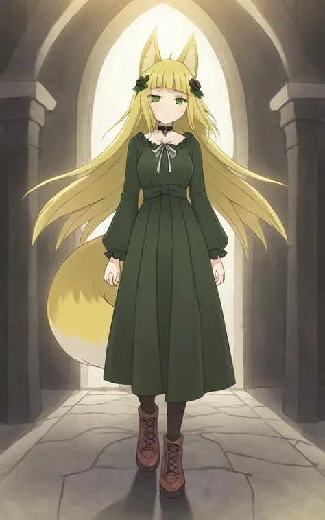 1girl <lora:sdxl-dm-haruhime:0.6> haruhime, blond hair fox_ears, fox tail long hair blunt_bangs shiny hair, green_eyes sleepy eyes, eyeliner blush medium breasts skindantation choker :3 , lower eyelashes eyelashes, eyeliner, Gothic Frilled dress, long skirt, Headdress, bowknot, hair ornament, hair flower, black fishnet_pantyhose, garter straps, Lace, cross-laced footwear, frilled blouse, ribbon-trimmed sleeves, puffy sleeves, bloomers, candlestick, stained glass, intricate gothic architecture