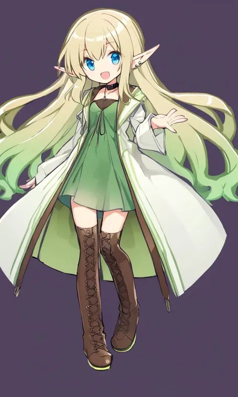 cute elf Young woman [lightgreen] eyeliner piercing small breasts skindantation shiny hair gradation [gradient partially [blond:silver:0.9] hair] super long hair blue eyes ((eyes visible through hair)) ;D +++ pale green dress, blouse white super long coat, thighhighs, darkbrown lace-up long boots, charcoal collar thigh_gap