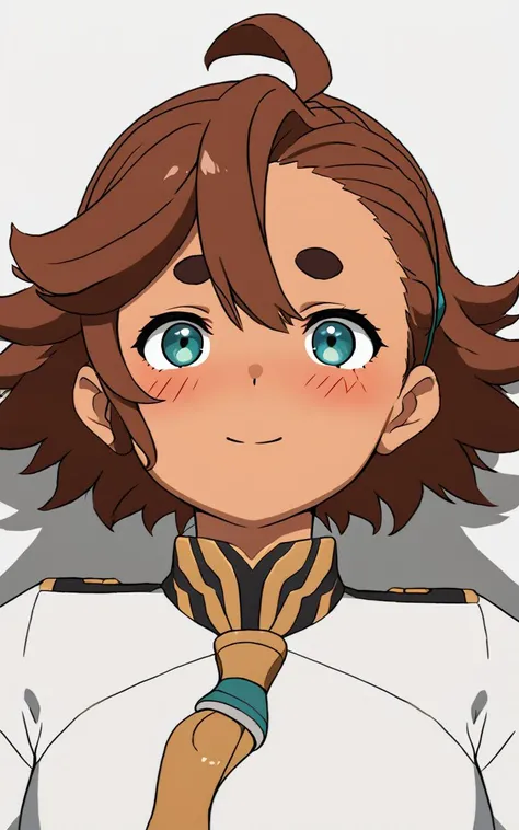 1girl, <lora:sdxl-mm-suletta:0.6> suletta mercury, dark turquoise eyes (round_eyes) (darkbrown thick eyebrows) rounded eyelashes, small breasts skindantation ahoge hairline (half slicked back hairstyle) (hair pulled back) asymmetrical bangs darkbrown hair short hair, fripped hair, shaggy hair, (low ponytail square knot) dark_skin, +++ darkred bodysuit +++ embarrassed nose blush smile, on back, looking at another, Overhead Shot, Low-Key Lighting, extremely quality extremely detailed, illustration, cute anime face