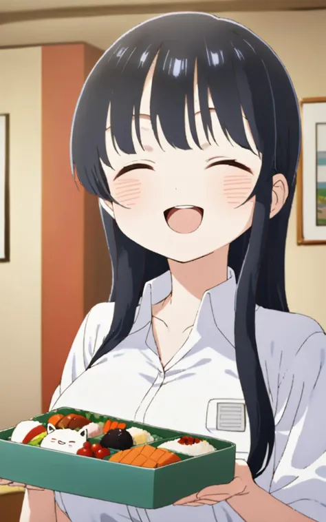 1girl, <lora:sdxl-by-yamada:1>, yamada anna, long_hair straight hair, black_hair, eyebrows_visible_through_hair, bangs, brown_eyes, medium breasts, tall girl blush skindantation :D closed eyes tsurime , bento , white collared_shirt, , navybluue pleated_skirt, lowfers, masterpiece 8k_wallpaper