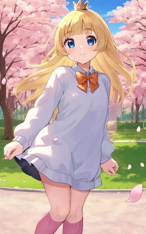 (masterpiece), scenery, School, cherry blossoms, petal, cowboy shot、from below、1 girl,blonde、blue eyes、wavy hair, smile, open your mouth、looking at the viewer、lace underwear、I can see your panties、Chased、running away、sprint at full speed