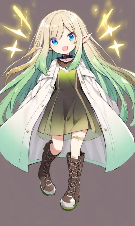 cute elf Young woman [lightgreen] eyeliner piercing small breasts skindantation shiny hair gradation [gradient partially [blond:silver:0.9] hair] super long hair blue eyes ((eyes visible through hair)) Joyful +++ deep hazel dress, blouse white super long coat, thighhighs, darkbrown lace-up long boots, charcoal collar thigh_gap