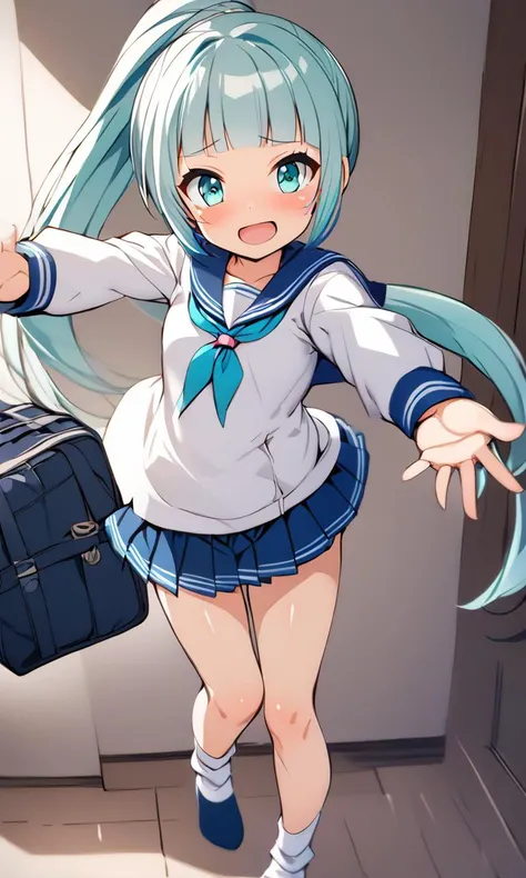 1girl, cute petite , flat chest , turquoise eyes, - burgundy hair, very long hair , ponytail, streaked hair , blunt bangs, sideburns , Joyful, embarrassed , head_tilt standing , reaching out, serafuku , white long sleeve hoodie , ankle socks, school bag, extremely quality extremely detailed, illustration, contrapposto, cute anime face cinematic lighting cinematic angle