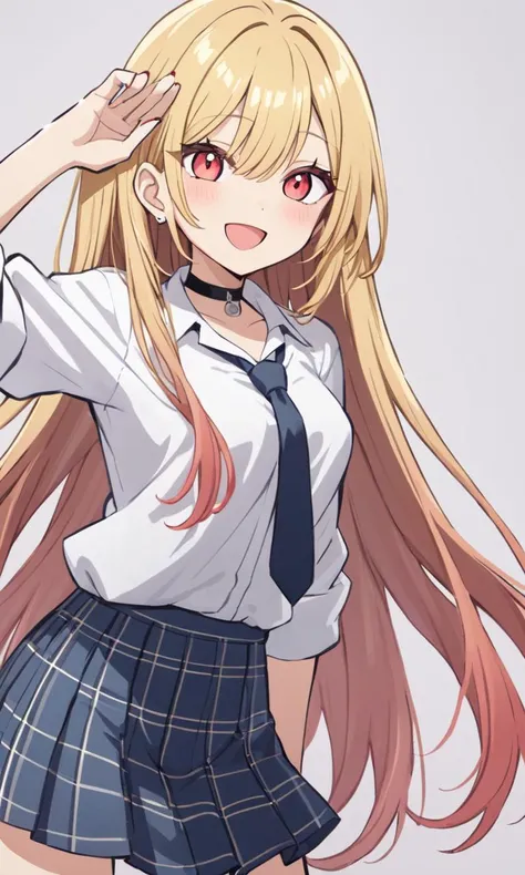pinkred eyes, long eyelashes, pink eyeliner, (lower eyelashes), black eyelashes, nails, shiny hair, (gradient hair (blond:lightpink:0.8) hair), long hair, medium breasts, slender, skindantation, choker, pierce +++ white collared_shirt, sleeves rolled up, saxe_blue loose_necktie, plaid_pleated_mini_skirt, skyblue skirt +++ open mouth smile , 1girl, <lora:sdxl-ktgw-marin:0.4>, sdxl-ktgw-marin