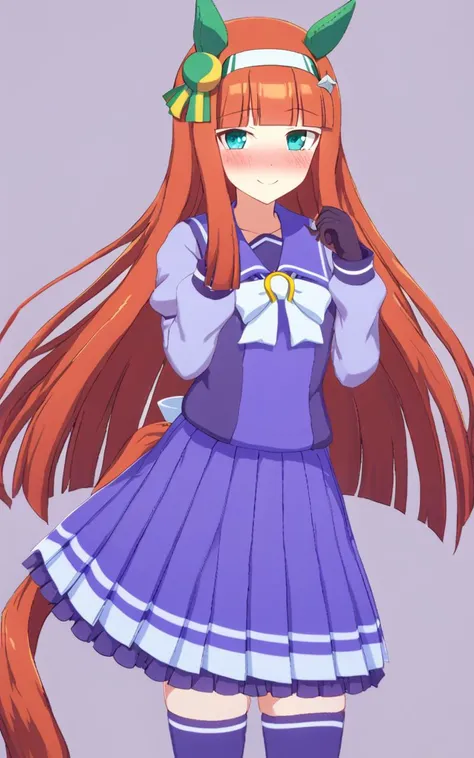 1girl, <lora:sdxl-um-suzuka:0.8> SilenceSuzuka, horse girl, green horse ears green ear covers, horse tail turquoise eyes flat chest slender hime-cut orange long hear blunt bangs shiny hair white hearband hair ornament drakpurple gloves +++ embarrassed nose blush smile school <lora:sdxl-um-trauniform:0.7> trawinuni ( winter tracen_school_uniform (purpleblue sailor collar) purpleblue skirt darkblue thighhighs) ((white))_bowtie, (skyblue)_long sleeve blouse, white back bowtie