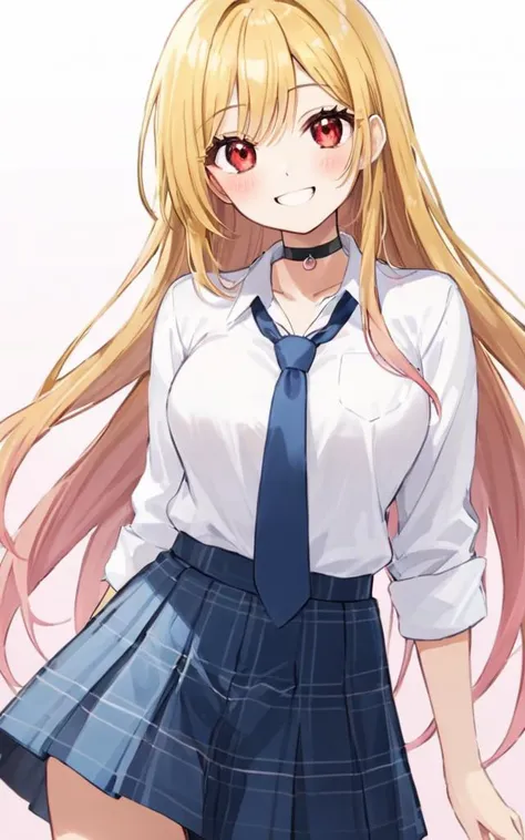 1girl, <lora:sdxl-ktgw-marin:0.4>, sdxl-ktgw-marin, Kitagawa marin, pinkred eyes, long eyelashes, pink eyeliner, (lower eyelashes), black eyelashes, nails, shiny hair, (gradient hair (blond:lightpink:0.8) hair), long hair, medium breasts, slender, skindantation, choker, pierce +++ white collared_shirt, sleeves rolled up, saxe_blue loose_necktie, plaid_pleated_mini_skirt, skyblue skirt +++ smile