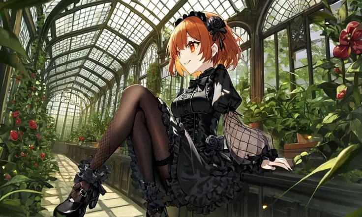 1girl, petite child innocent ankle-biter . big breast , skindantation, lower eyelashes eyelashes, eyeliner,
Gothic Frilled dress, long skirt, Headdress, bowknot, hair ornament, hair flower, black fishnet_pantyhose, garter straps, Lace, cross-laced footwear, frilled blouse, ribbon-trimmed sleeves, puffy sleeves bloomers, intricate background,
orange eyes odd eyes ,
vivid burgundy hair,
medium hair ,
hime cut,
streaked hair ,
hair over eyes, covered eyes, blunt bangs,
sideburns ,
Buoyant Smile,
,
,
hip focus, looking down, Profile Shot, Gothic Greenhouse