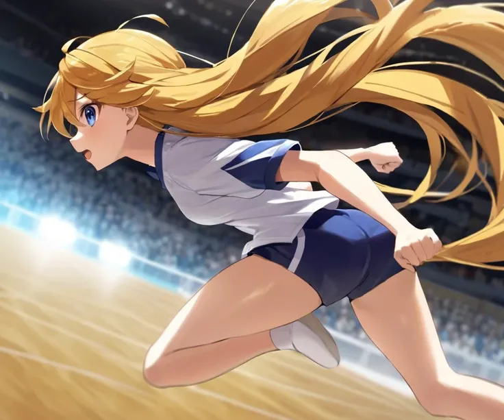 1girl, volleyball_uniform, running, seabed light, __lithingS__, reaching out, +++
indigo eyes odd eyes ,
dark amber hair,
very long hair ,
hair slicked back,
wavy hair ,
crossed bangs,
hair flaps ,
:D,
embarrassed ,
+++, Low Angle
