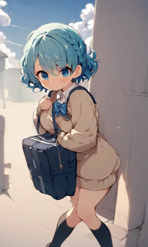 1girl, cute petite , big breast , sky blue eyes, - turquoise hair, short hair , braided bun, wavy hair , one eye visible through hair, sideburns , Overjoyed, blush , , hip focus, school uniform , navy long sleeve, sweater , high socks, school bag, score_9, score_8, score_7_up