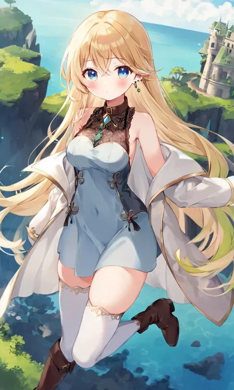 cute elf Young woman [lightgreen] eyeliner piercing small breasts skindantation shiny hair gradation [gradient partially [blond:silver:0.9] hair] super long hair blue eyes ((eyes visible through hair)) ;3 +++ pale silver dress, blouse white super long coat, thighhighs, darkbrown lace-up long boots, charcoal collar thigh_gap, Floating Islands