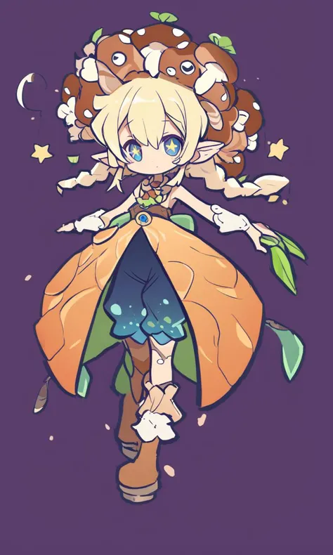 kawaii petit child childish innocent ankle-biter 1girl, star-shaped pupils small_star symbol in the pupils and iris, ((skindantation)) ((flat chest)) +++, ((mushroom girl)) (fusion:1.4) mushroom from of girl, fusion of mushroom and girl, monster girl of mushroom on head, hair made of mushroom, blond powdery skin, Mushrooms are sprouting here and there on the body, deep iridescence mushroom design tubetop, indigo bloomers