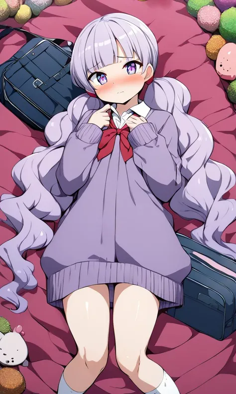 1girl, teen , huge tit , coral eyes, pale purple hair, very long hair , twin ponytails, wavy hair , diagonal bangs, sideburns , :8, embarrassed , head_tilt standing , on back, school uniform , white  long sleeve, sweater , ankle socks, school bag